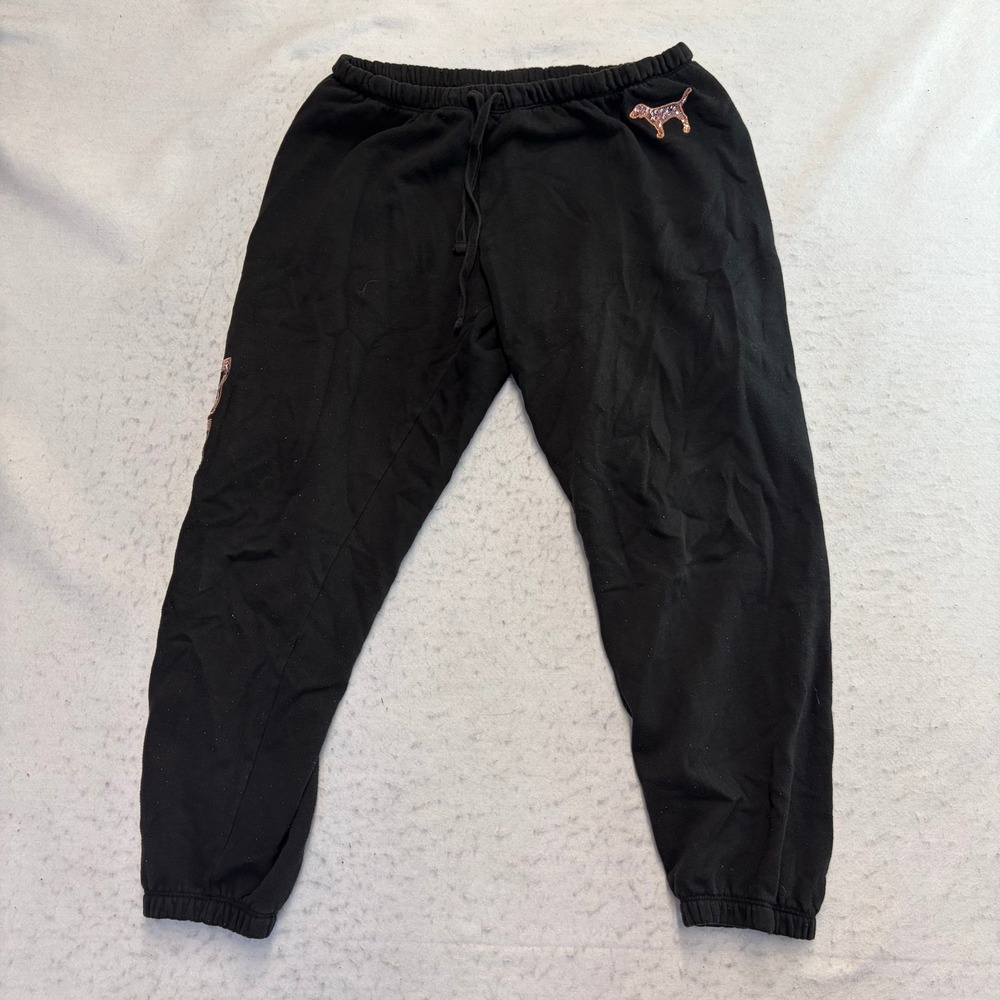 Pink Victoria's Secret Sweatpants Womens Medium Black Rose Gold Sequin Logo